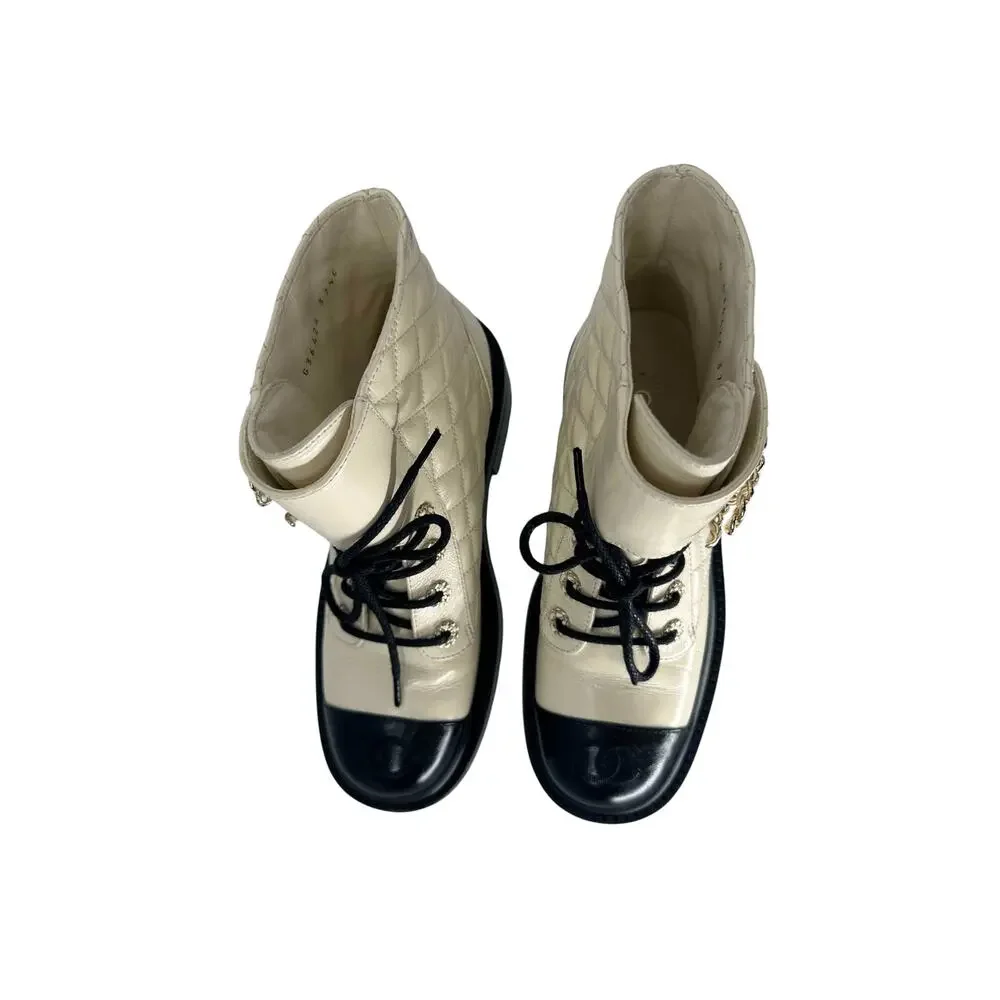 Chanel Goatskin Quilted Chain CC Cap Toe Lace Up Combat Boots Ivory Women's 37.5